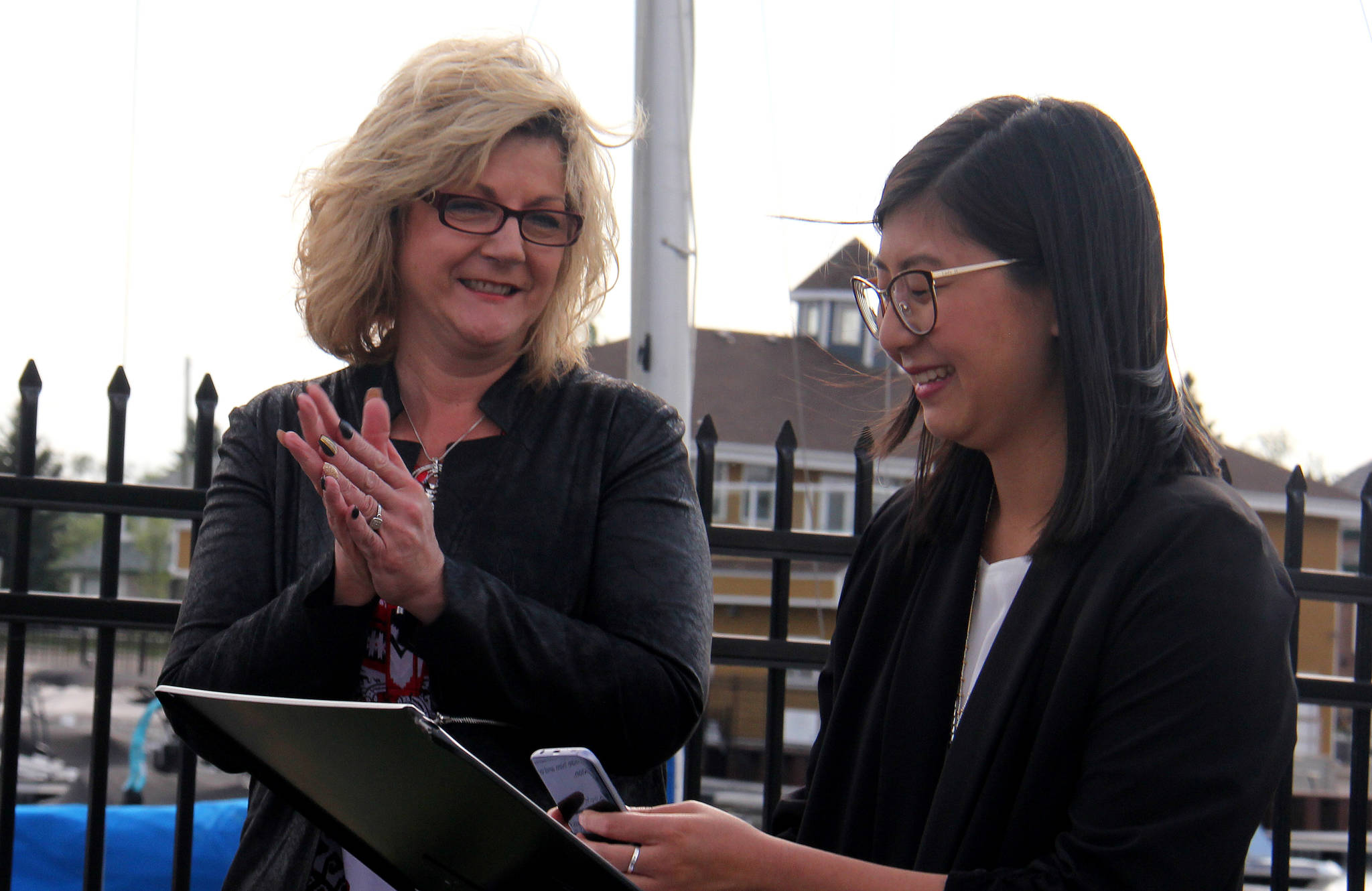 Abigail Douglass, right, is the 23-year-old candidate for the upcoming byelection with the Alberta Party. She was officially announced as the candidate in Sylvan Lake on May 24. Photo by Megan Roth/Sylvan Lake News