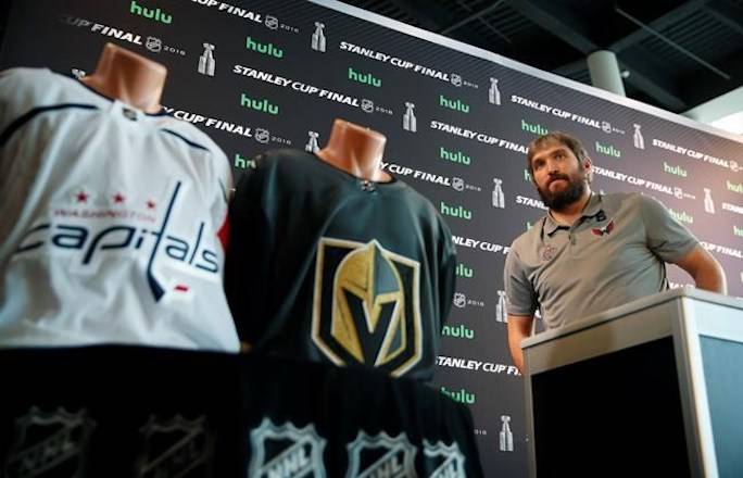 Washington Capitals left wing Alex Ovechkin meets with members of the media during an NHL hockey media day for the Stanley Cup, Sunday, May 27, 2018, in Las Vegas. (AP Photo/John Locher)