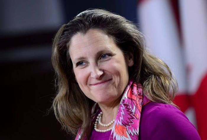 Foreign Affairs Minister Chrystia Freeland makes an announcement and holds a media availability on Canada’s response to the Rohingya crisis at the National Press Theatre in Ottawa on Wednesday, May 23, 2018. Freeland is headed to Washington for a two-day visit beginning Tuesday as talks to modernize the North American Free Trade Agreement hang in the balance. THE CANADIAN PRESS/Sean Kilpatrick