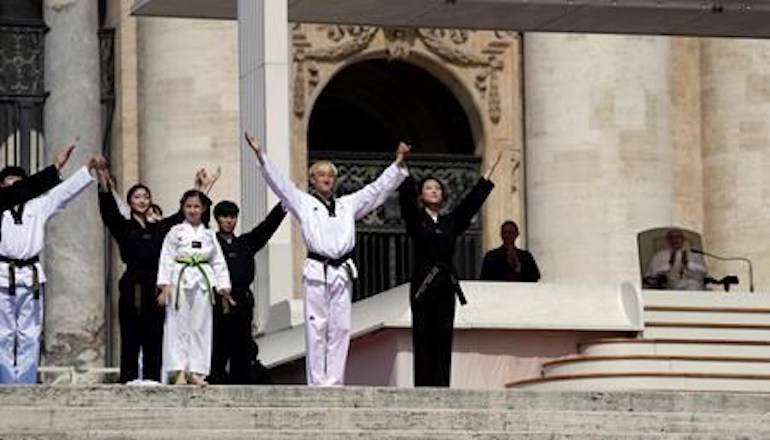 Taekwondo athlethes from South Korea perform for Pope Francis during his weekly general audience in St. Peter’s Square, at the Vatican, Wednesday, May 30, 2018. (AP Photo/Gregorio Borgia)