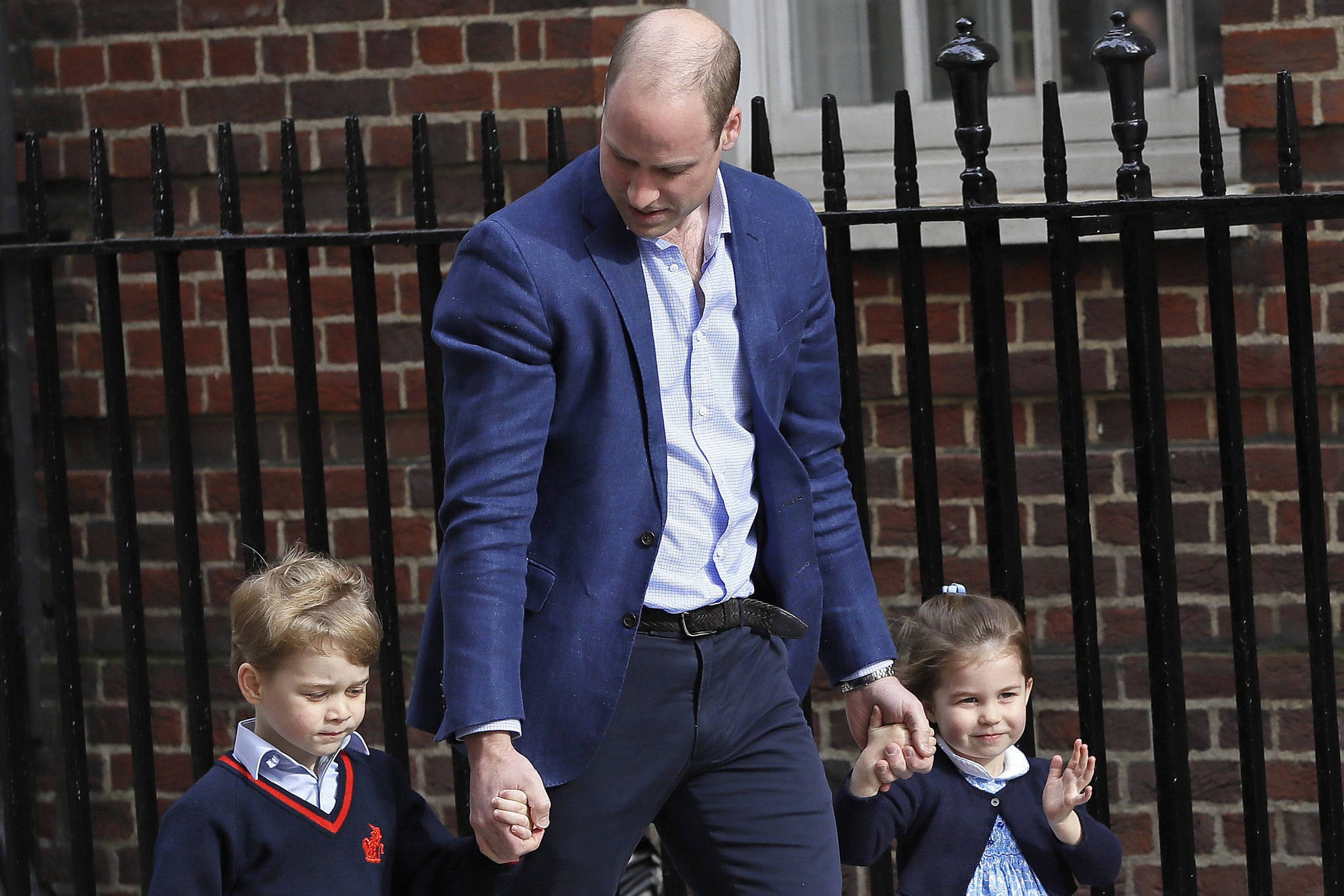 Britain’s Prince William arrives with Prince George and Princess Charlotte back to the Lindo wing at St Mary’s Hospital in London London, Monday, April 23, 2018. (AP Photo/Kirsty Wigglesworth)