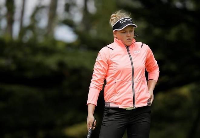 Brooke Henderson, of Canada, reacts after missing a birdie putt on the first green of the Lake Merced Golf Club during the first round of the LPGA Mediheal Championship golf tournament Thursday, April 26, 2018, in Daly City, Calif. THE CANADIAN PRESS/AP, Eric Risberg