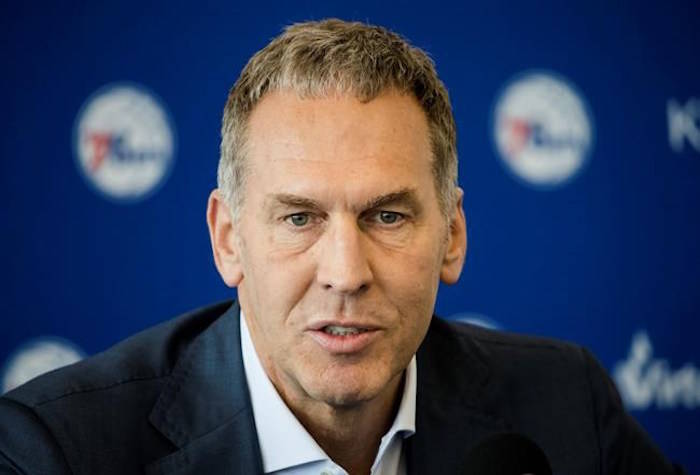 FILE - In this May 11, 2018, file photo, Philadelphia 76ers President of Basketball Operations Bryan Colangelo speaks with members of the media during a news conference at the NBA basketball team’s practice facility in Camden, N.J. (AP Photo/Matt Rourke)