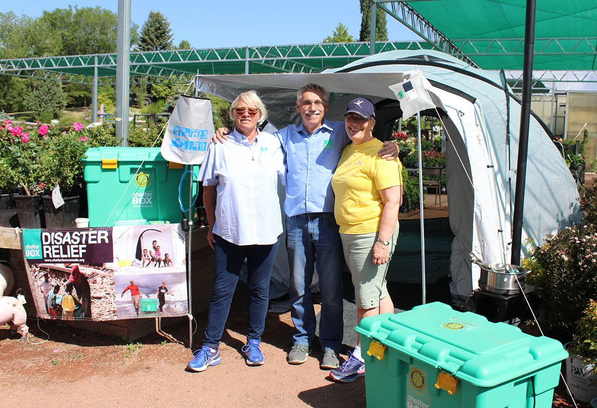 HELPING OUT - From left, Wynne Bjorgan, Ray Kmetiuk and Nadine Coyne at Parkland Nurseries & Garden Centre. The group of Rotarians were educating those on ShelterBoxes that go to helping those in disaster situations across the world. Carlie Connolly/Red Deer Express