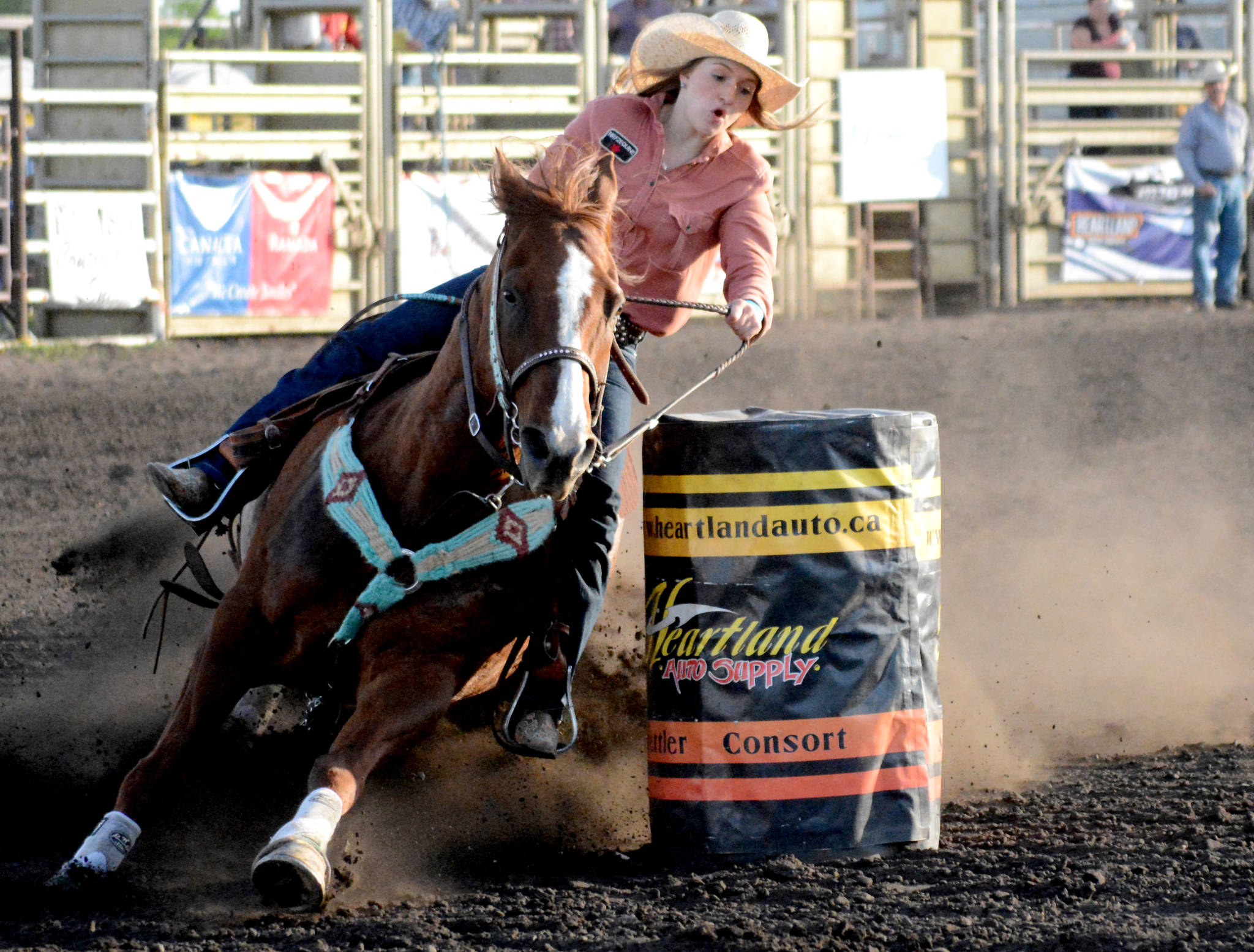Sydney Windack of Maple Creek, SK, gets 18.73 in the Ladies Barrel Racing event during a rodeo event at Stettler’s Steel Wheel Stampede June 8. (Lisa Joy/Stettler Independent)