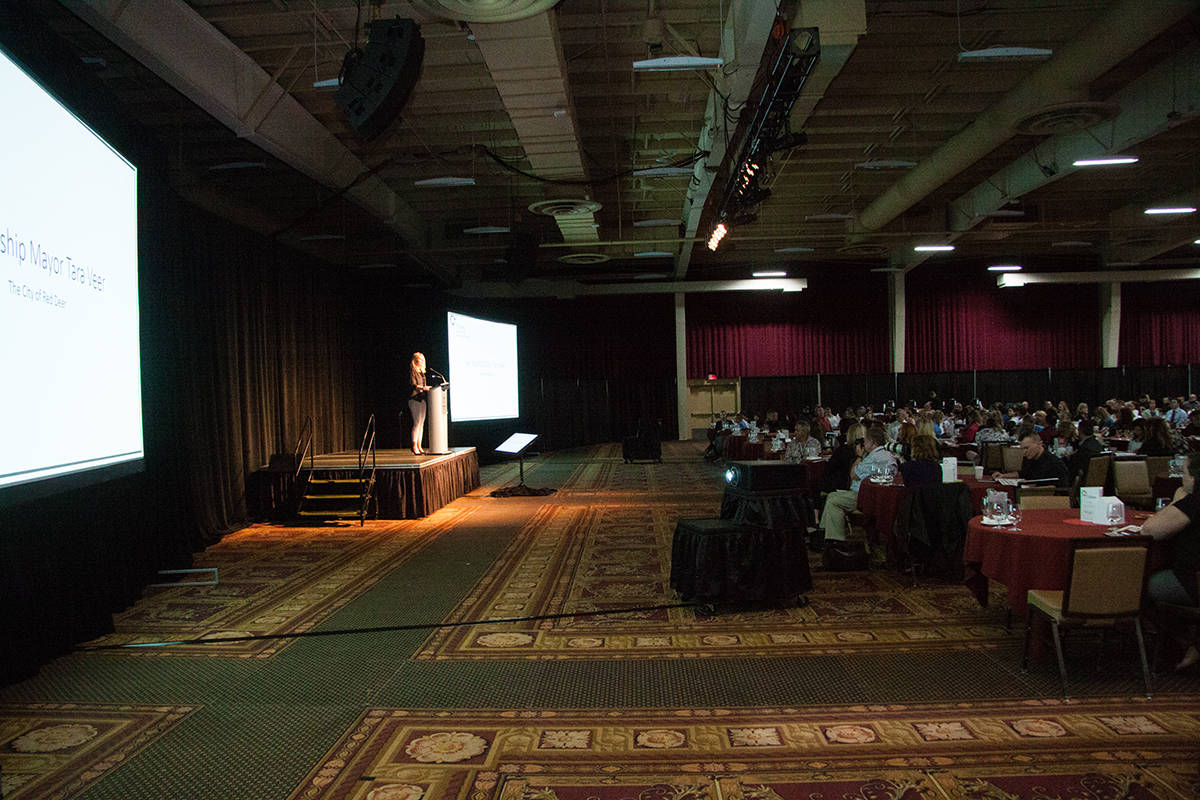 7 CITIES - Red Deer Mayor Tara veer addressed a crowd at the 7 Cities conference, which aims to end homelessness in their communities. Todd Colin Vaughan/Red Deer Express