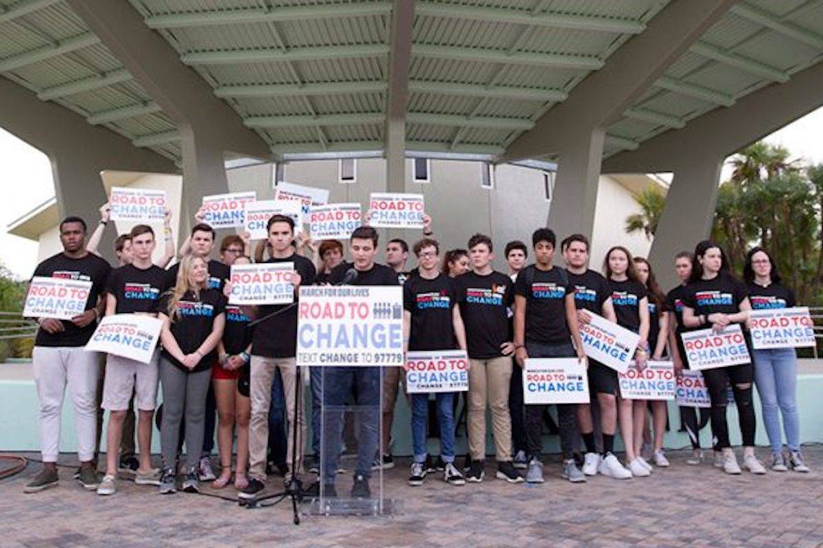 Marjory Stoneman Douglas High School students gather for a news conference. (Wilfredo Lee/AP)