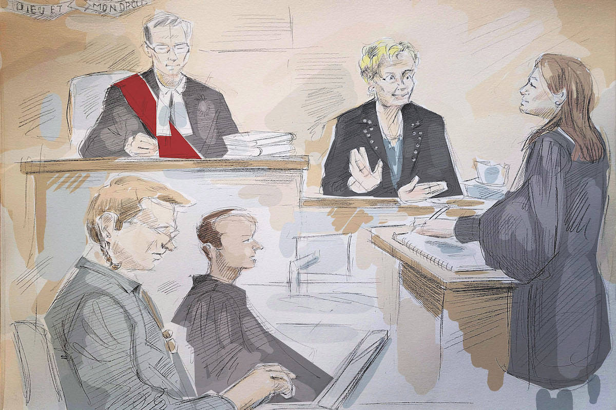 In this artist’s sketch, Dellen Millard (left) appears in court in Toronto on Thursday, May 31, 2018 for his judge-only trial for the murder of his father, Wayne Millard. Also shown are (from left) Justice Maureen Forestell, Millard’s lawyer Ravin Pillay, witness Janet Campbell and Crown Jill Cameron. THE CANADIAN PRESS/Alexandra Newbould