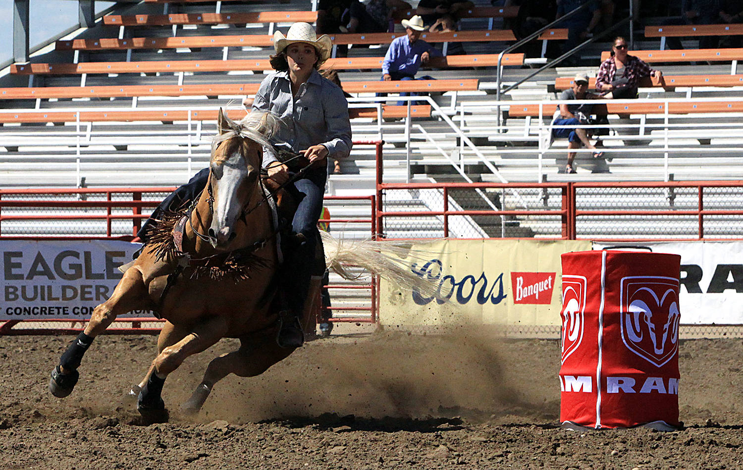 Donalda’s Shaylee McMann rounds the final barrel and heads for home Wednesday with a time of 17.995 and is ninth overall after two days. Photo by Jordie Dwyer