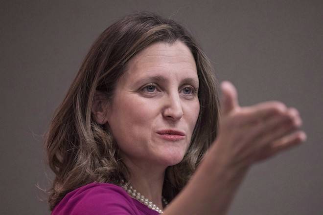 Chrystia Freeland, Minister of Foreign Affairs addresses the media during a news conference in Toronto on Thursday, March 8, 2018. NAFTA negotiating teams will keep bargaining through the weekend in an effort to get a deal by early May. THE CANADIAN PRESS/Chris Young