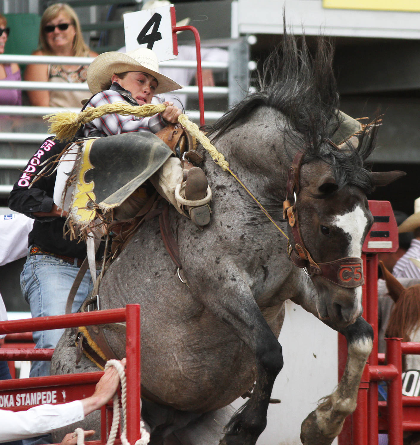 Logan Hay of Wildwood was bucked off Blue Moon during day five of the Ponoka Stampede. Only pair of cowboys were able to squeeze into the top 12 spot with Taos Muncy being one and world champ Zeke Thurston just making it in.
