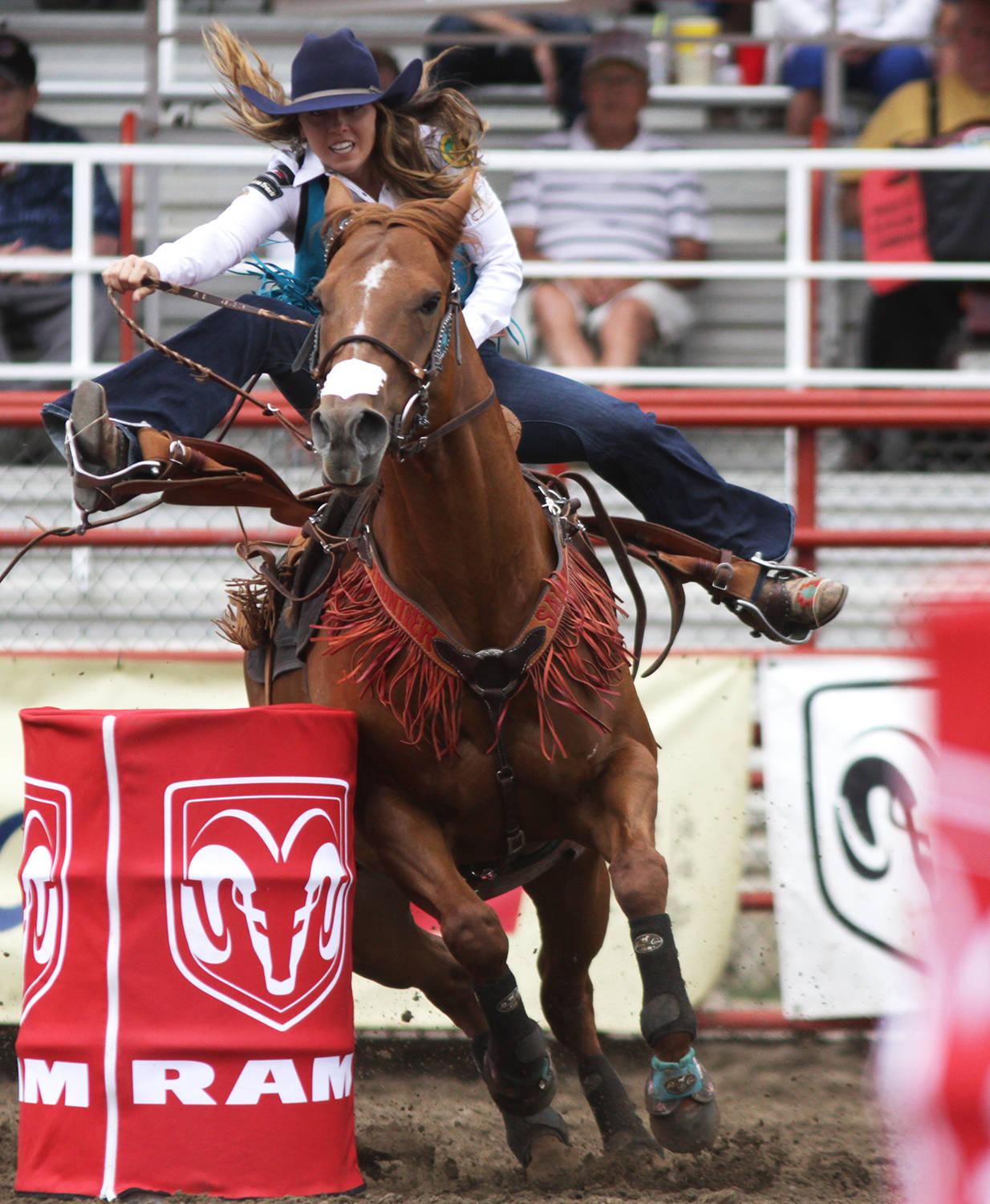 Barrel racer Rene LeClerq of Holden squeezed herself in the 12th spot of the barrel racing line up with a time of 17.858 seconds. The next fastest time is a close one with 17.853 seconds by Taylor Shields.