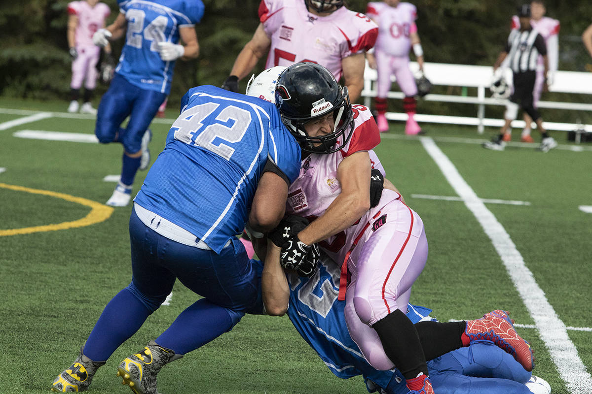 BIG CRUNCH - Matt Merkley and the Central Alberta Buccaneers would power through the St. Albert Stars to take sole possession of second place in the AFL. Todd Colin Vaughan/Red Deer Express