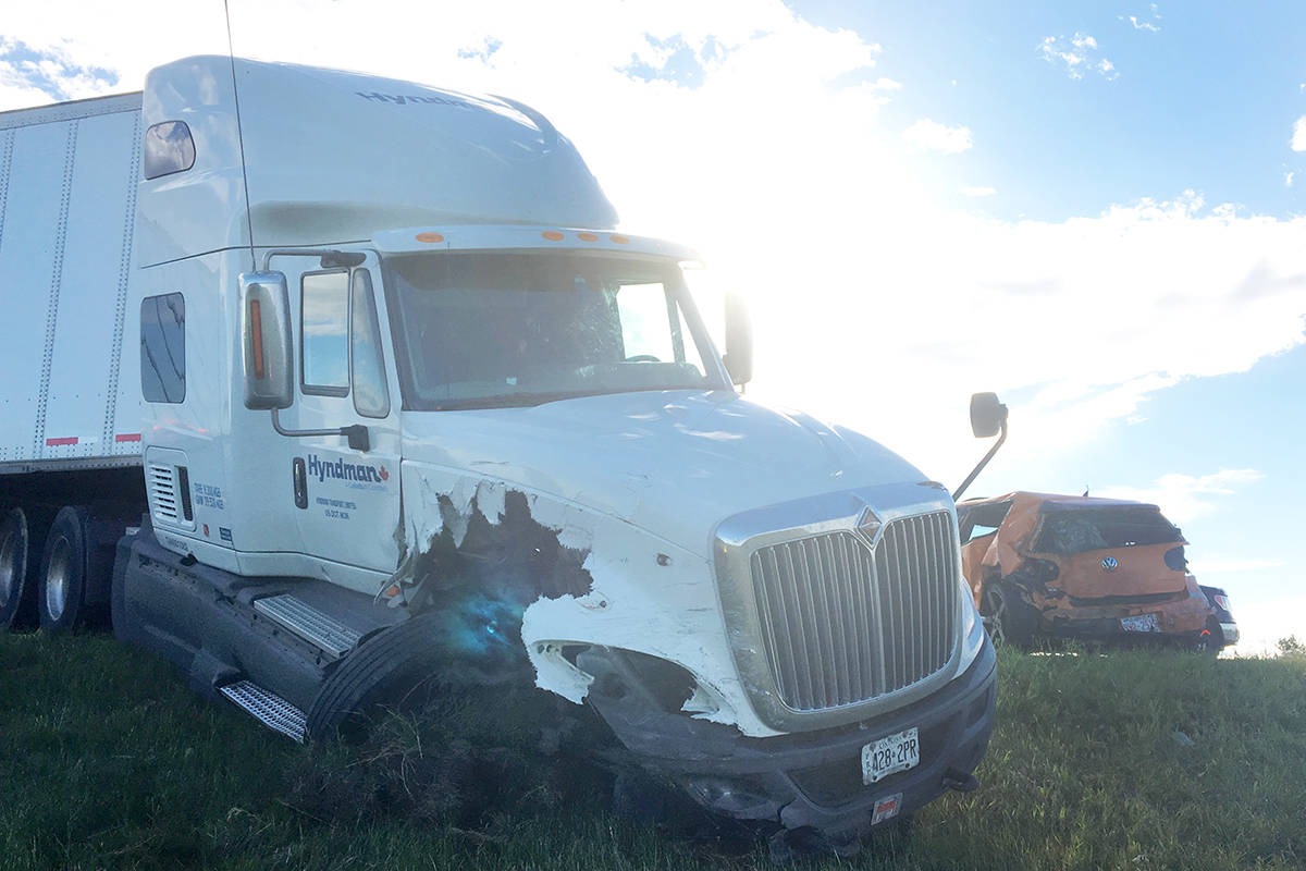 The right front side of this semi tractor was destroyed after the collision.