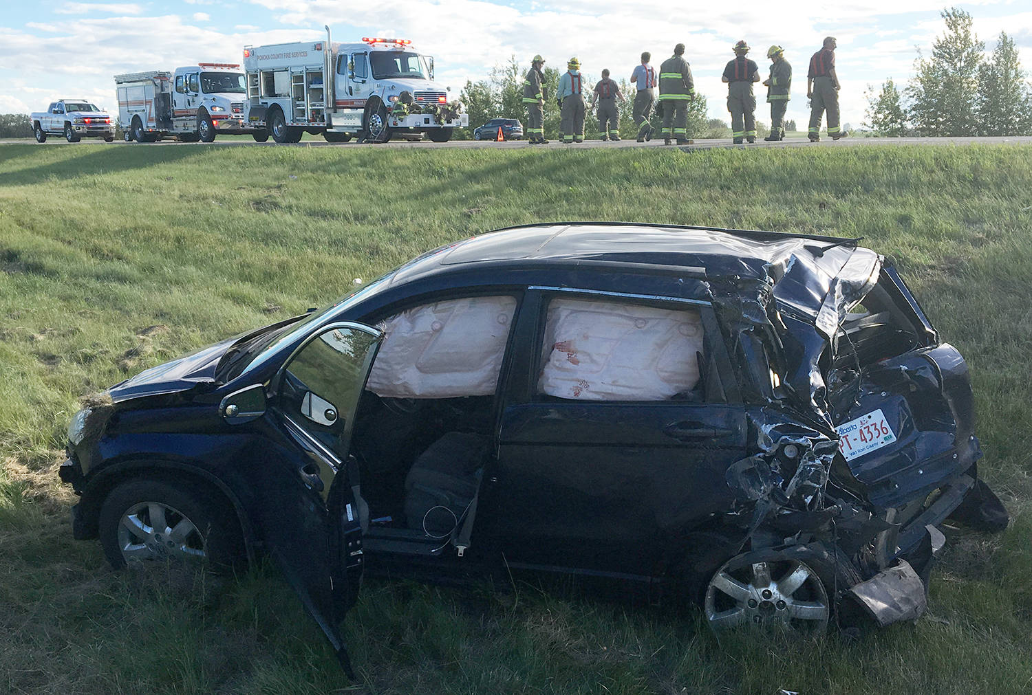 The air bags on this Honda crossover deployed after being hit by a semi tractor Saturday late afternoon. The incident is believed to have occurred after two sedans stopped abruptly on Highway 2.