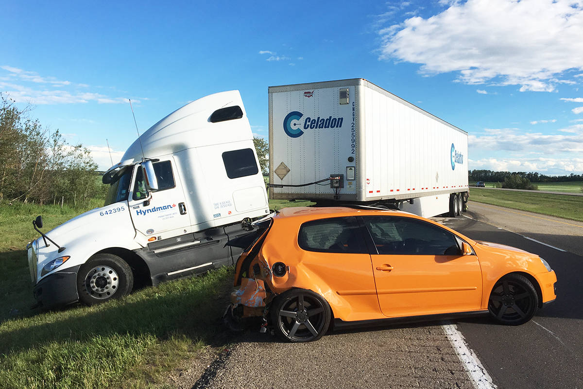 The rear end damage on this VW hatchback came after the semi collided with a Honda crossover, which appears to have collided with the VW. Ponoka RCMP are investigating the incident as possible road rage as it’s believed the two sedans stopped abruptly in the northbound lanes.