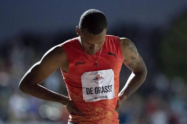 Andre De Grasse looks on after competing in the senior men’s 100 metre dash at the Canadian Track and Field Championships in Ottawa on Friday, July 6, 2018. (TTHE CANADIAN PRESS/Justin Tang)