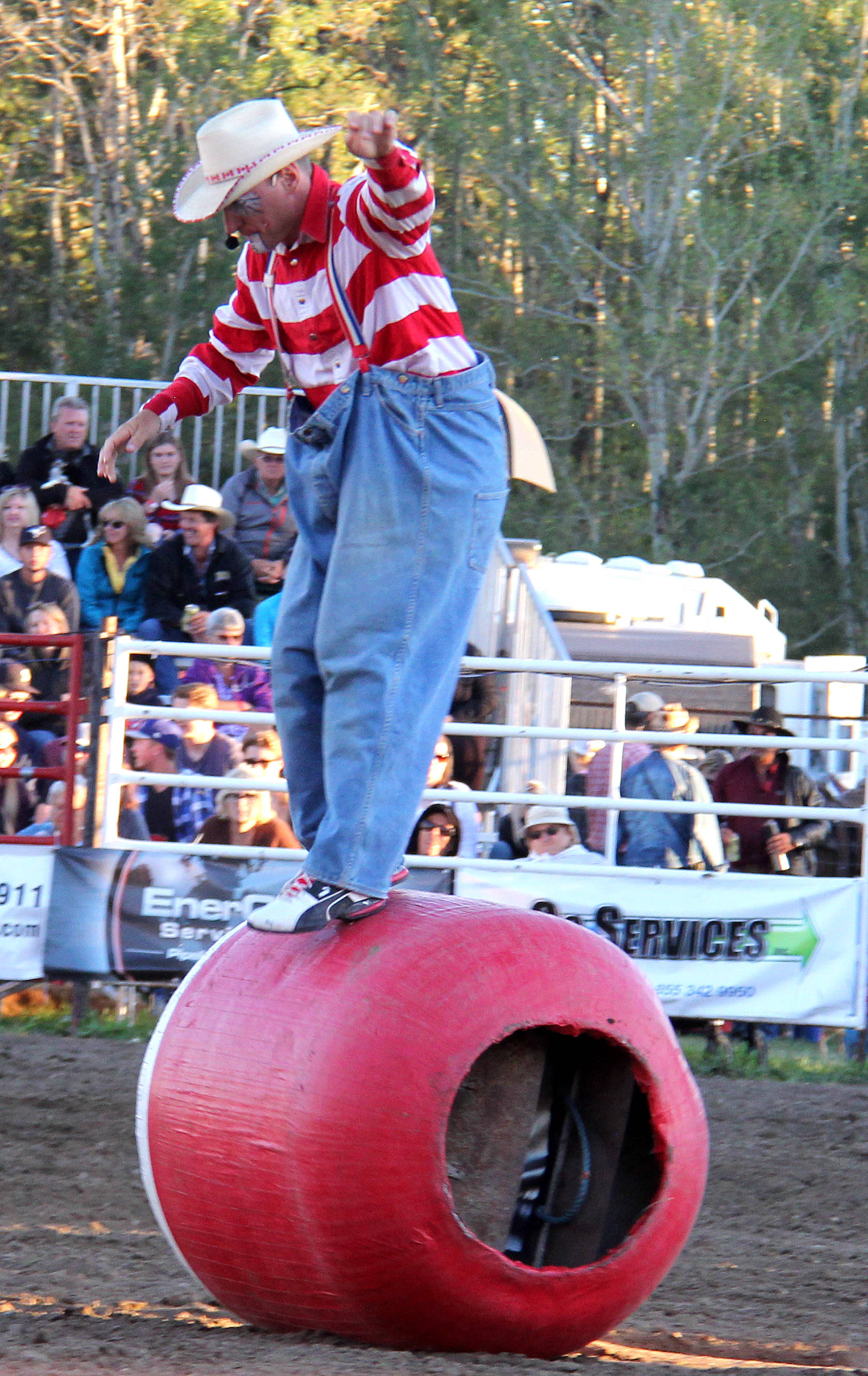 A rodeo clown entertains the audience, while the handlers perpare for the next event.