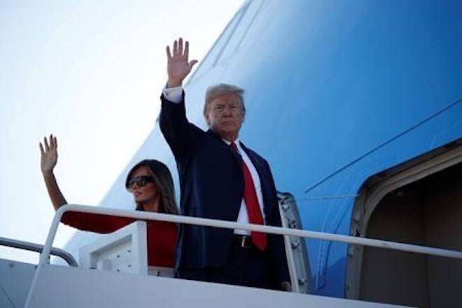 President Donald Trump and first lady Melania Trump board Air Force One, Tuesday, July 10, 2018, at Andrew Air Force Base, Md. (AP Photo/Pablo Martinez Monsivais)