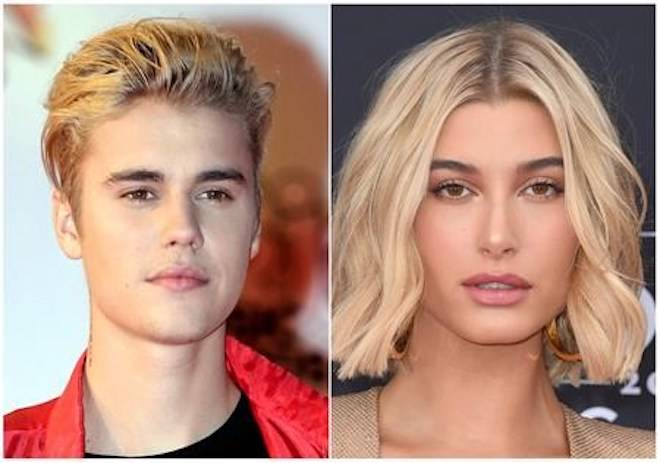 This combination photo shows singer Justin Bieber at the Cannes festival palace in Cannes, southeastern France on Nov. 7, 2015, left, and model Hailey Baldwin at the Billboard Music Awards in Las Vegas on May 20, 2018. Bieber, 24, and Baldwin, 21, are engaged after a month of dating. (AP Photo)
