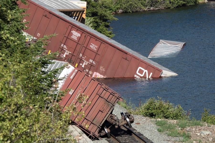 A photo posted to Twitter by Owen Laukkanen shows a train derailment north of Pemberton, B.C.