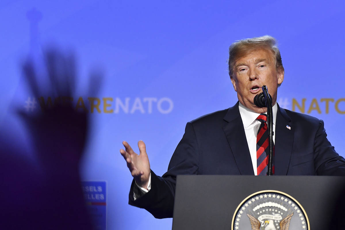 U.S. President Donald Trump speaks during a press conference after a summit of heads of state and government at NATO headquarters in Brussels, Belgium, Thursday, July 12, 2018. NATO leaders gather in Brussels for a two-day summit. (AP Photo/Geert Vanden Wijngaert)