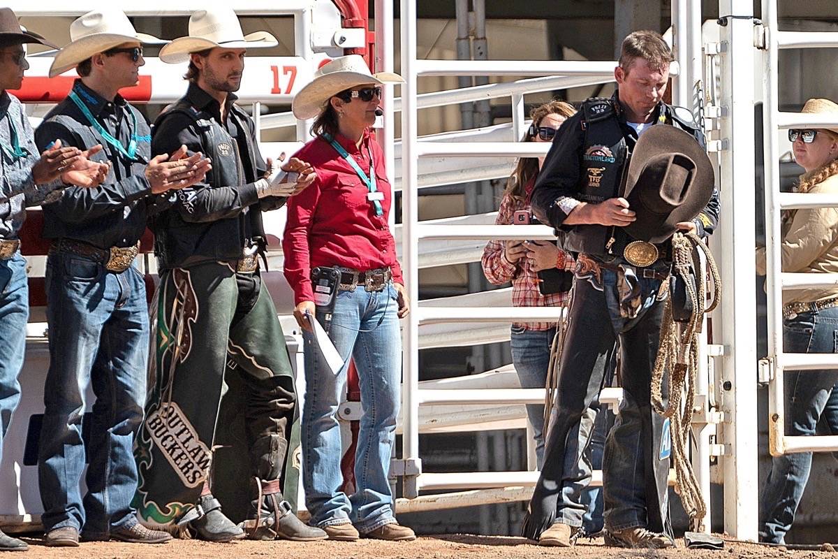 Two-time Canadian Champion Bullrider Scott Schiffner, 38, is given the final salute at the Calgary Stampede. Schiffner is from Stettler and now lives in Strathmore. He was the highest money earning bull rider in Canada. Schiffner announced his retirement from the rodeo circuit during the Calgary Stampede. (Ben Dartnell/Calgary Stampede photo)