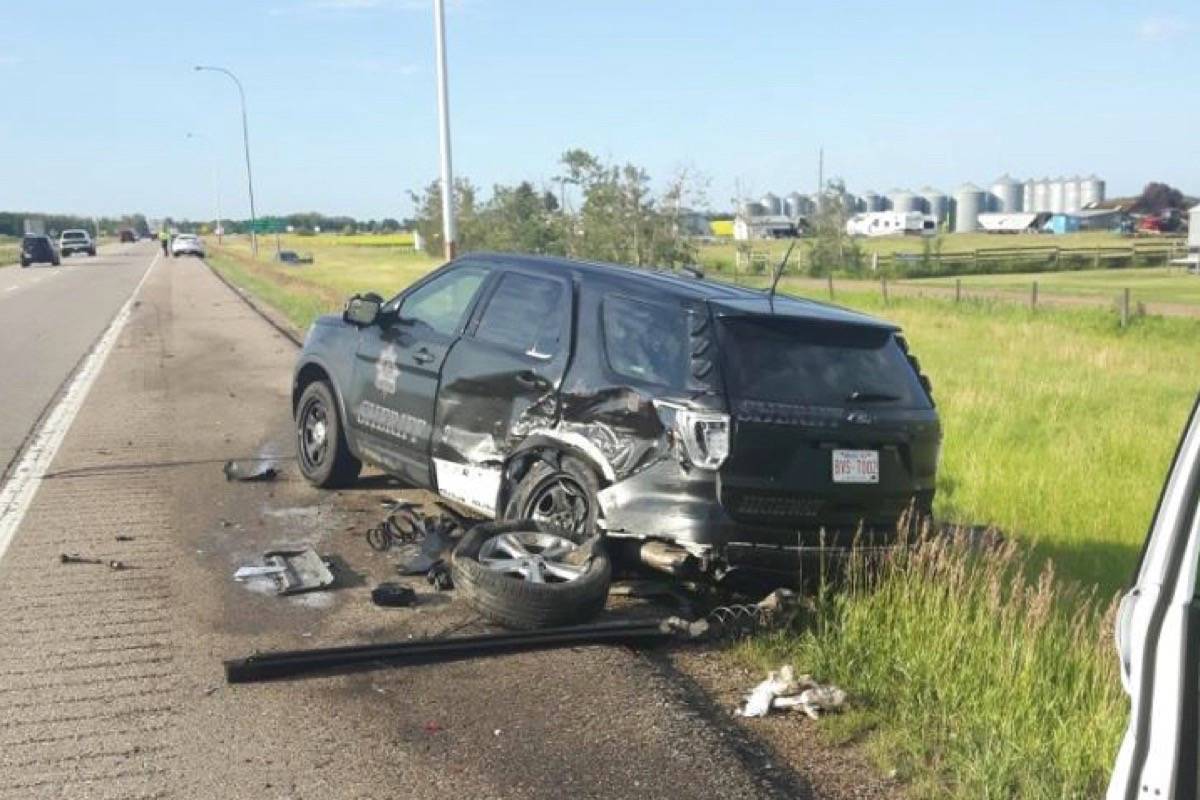 One of the vehicles involved in a crash on Highway 2, south of Highway 2A, near Leduc on Friday. (Submitted)