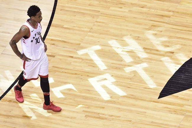 Toronto Raptors guard DeMar DeRozan (10) walks off the court after taking a loss in OT second round NBA playoff basketball action against the Cleveland Cavaliers in Toronto on Tuesday, May 1, 2018. (THE CANADIAN PRESS/Frank Gunn)
