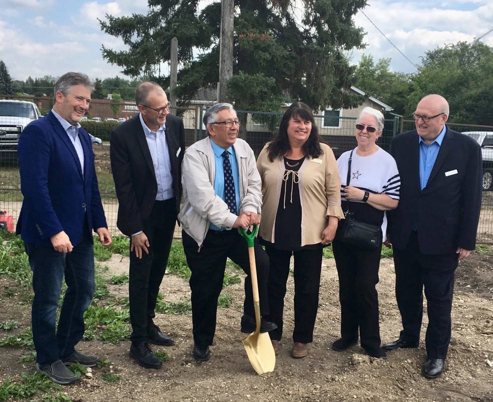 Local politicians and stakeholders gathered July 25th for the groundbreaking of Three Robins Active Living Community, which will be located at 4501 - 48th Ave. From left are Red Deer-Lacombe MP Blaine Calkins; Doug Mills, CEO of 103 Street Developments Ltd.; Deputy Mayor Frank Wong; Red Deer North MLA Kim Schreiner; Dianne Sutherland (the complex’s first tenant) and Steve Suske, chair of 103 Street Developments.                                Mark Weber/Red Deer Express