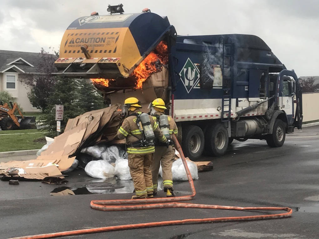 Shortly after 3 p.m. on July 24th, Penhold fire crews responded to a recycle truck on fire. Acting Fire Lieutenant Jamie Southwell said, “The driver noticed the contents on fire but was unable to dump his load. Penhold Public Works used a loader to help unload the vehicle.” Fire crews remained in scene for close to two hours cleaning up. Two fire units and nine firefighters responded, and there were no injuries.                                -Submitted by the Penhold Fire Department