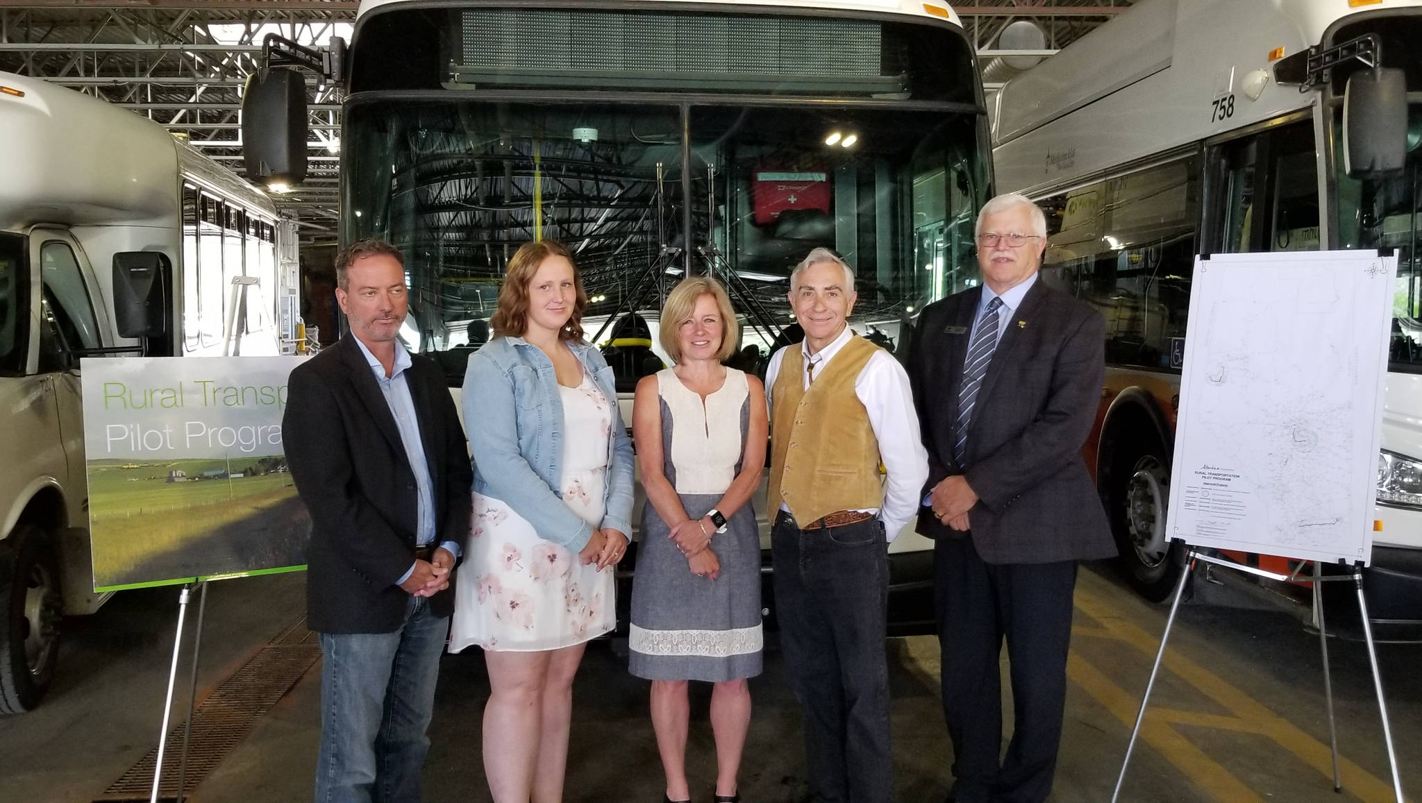 Medicine Hat Mayor Ted Clugston, Medicine Hat College Students’ Association President Beth Lewis, Premier Rachel Notley, MLA Robert Wanner and RMA President Al Kemmere celebrate the provincial funding of new rural bus pilot projects along Hwy. 3 between Medicine Hat and Lethbridge and in Red Deer County. Photo Submitted