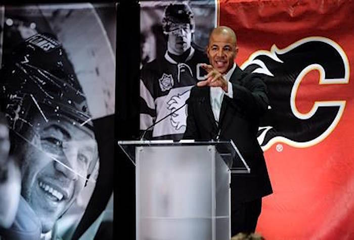 Former Calgary Flames captain Jarome Iginla announces his retirement from the NHL, after playing 20 seasons, at a news conference in Calgary on Monday, July 30, 2018. THE CANADIAN PRESS/Jeff McIntosh