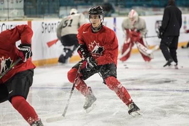 Canada forward Alex Formenton takes part in practice at the Sandman Centre in Kamloops, B.C., Monday, July, 30, 2018. Formenton played as part of the Canadian team that captured the championship in Buffalo, N.Y., last January. THE CANADIAN PRESS/Jeff Bassett