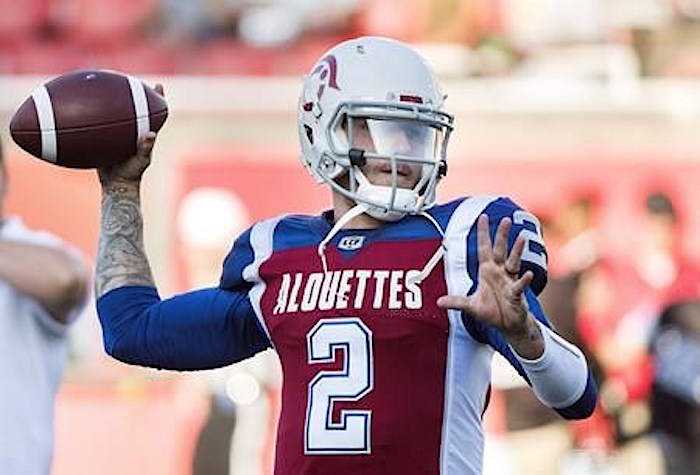Montreal Alouettes quarterback Johnny Manziel warms up prior to a CFL football game against the Edmonton Eskimos in Montreal on July 26, 2018. THE CANADIAN PRESS/Graham Hughes