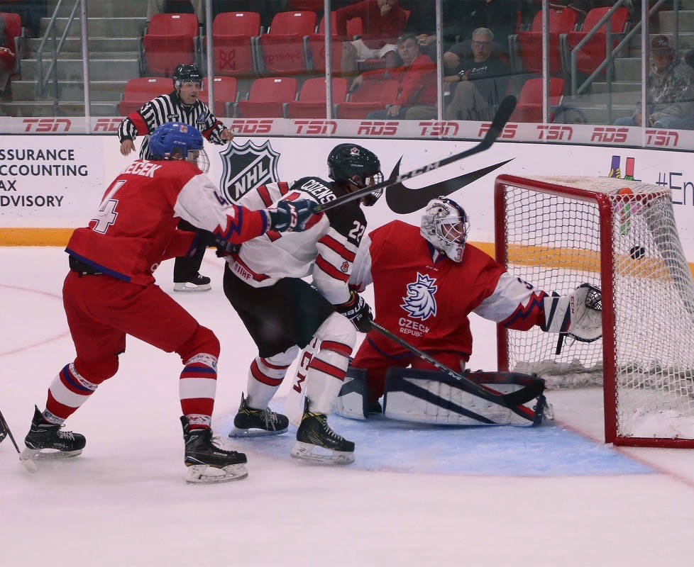 Dylan Cozens scores Team Canada’s first goal against the Czech Republic. Canada lost 4-3 to the Czech Republic in a tight checking and entertaining game. Photo by Brian McLoughlin/Black Press