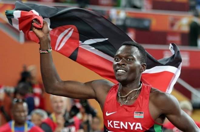 FILE - In this Tuesday, Aug. 25, 2015, file photo, Kenya’s Nicholas Bett celebrates after winning the men’s 400m hurdles final at the World Athletics Championships at the Bird’s Nest stadium in Beijing. (AP Photo/Lee Jin-man, File)