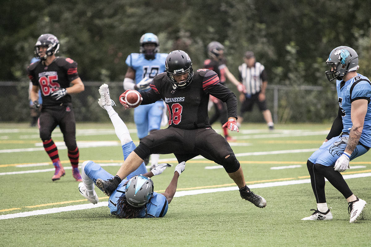 Ben Hnatiuk would score the first touchdown of the game for the Central Alberta Buccaneers in their huge rivalry game against the Fort McMurray Monarchs on Aug. 11th. Todd Colin Vaughan/Red Deer Express
