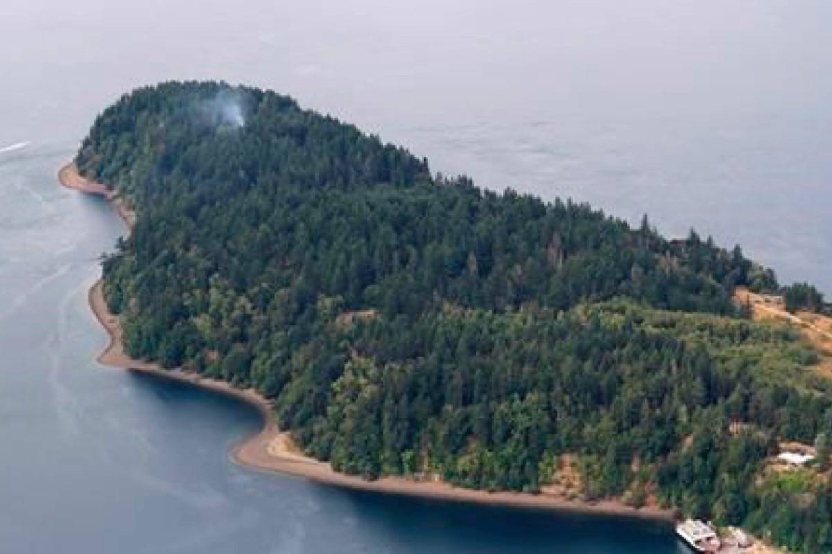 Smoke rises from the site on Ketron Island in Washington state where an Horizon Air turboprop plane crashed Friday after it was stolen from Sea-Tac International Airport as seen from the air, Saturday, Aug. 11, 2018, near Steilacoom, Wash. Investigators were working to find out how an airline employee stole the plane Friday and crashed it after being chased by military jets that were quickly scrambled to intercept the aircraft. (AP Photo/Ted S. Warren)