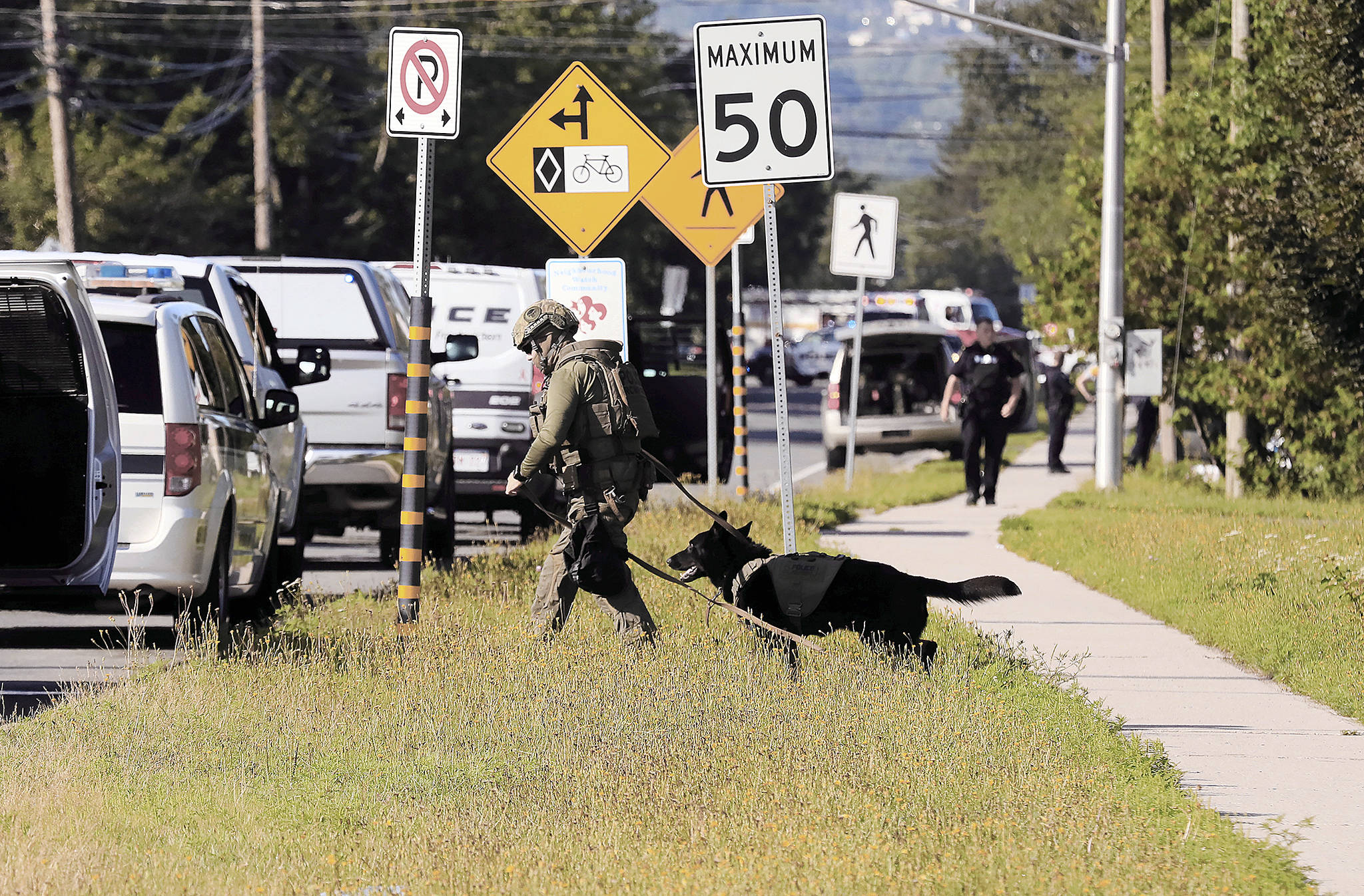 Police officers survey the area of a shooting in Fredericton, New Brunswick, Canada on Friday, Aug. 10, 2018. (Keith Minchin/The Canadian Press via AP)