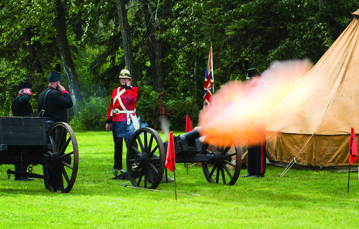 A group of re-enactors playing the part of the 65th Mount Royal Rifles fired a blank from a black powder cannon following a demonstration depicting the North West Rebellion as part of Fort Normandeau Days in Red Deer in this file photo. The annual festival celebrates Red Deer’s heritage.                                file photo
