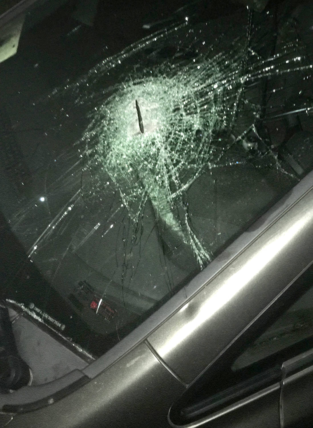 This smashed windshield was submitted by the owner who was called to their car after a man allegedly smashed it in and then set a shed on fire on Aug. 13.                                Photo submitted