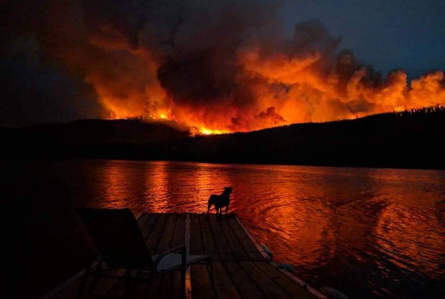 Photo taken Aug. 7, 2018 of the Island Lake wildfire burning through Francois Lake Provincial Park. Image: Facebook/John Calogheros