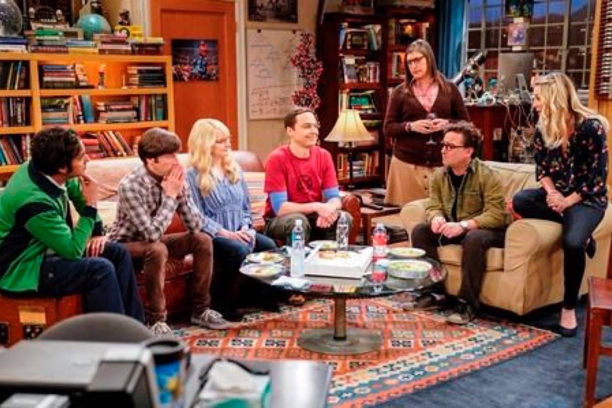 This image released by CBS shows Kunal Nayyar, from left, Simon Helberg, Melissa Rauch, Jim Parsons, Mayim Bialik, Johnny Galecki and Kaley Cuoco appear in a scene from the long-running comedy series “The Big Bang Theory.” The popular series will end in 2019. (Erik Voake/CBS via AP)