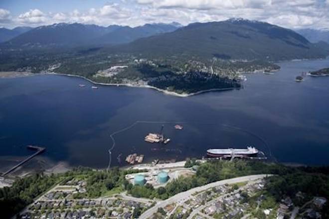 A aerial view of Kinder Morgan’s Trans Mountain marine terminal, in Burnaby, B.C., is shown on Tuesday, May 29, 2018. THE CANADIAN PRESS Jonathan Hayward