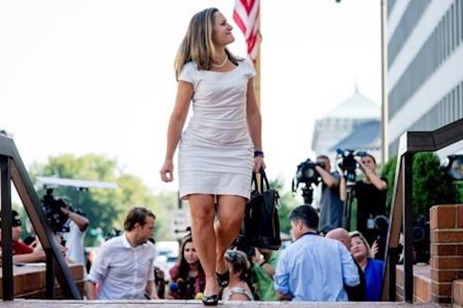 Canadian Foreign Affairs Minister Chrystia Freeland arrives at the Office Of The United States Trade Representative, Tuesday, Aug. 28, 2018, in Washington. (AP Photo/Andrew Harnik)