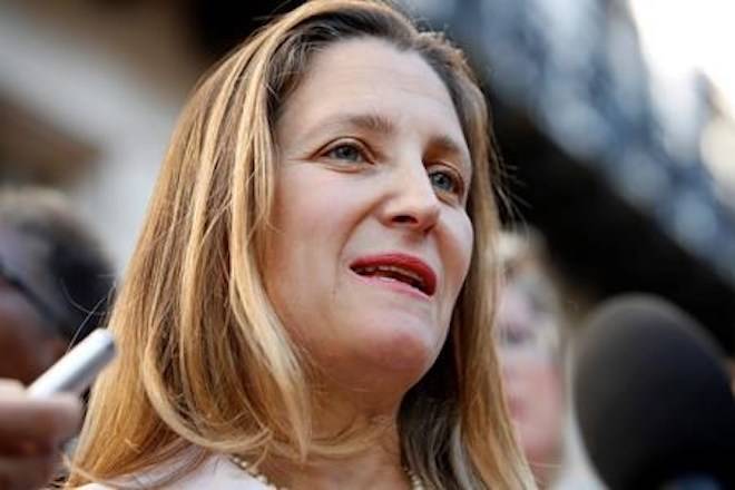 Canada’s Foreign Affairs Minister Chrystia Freeland speaks to the media as she arrives for trade talks at the Office of the United States Trade Representative, Thursday, Aug. 30, 2018, in Washington. (AP Photo/Jacquelyn Martin)