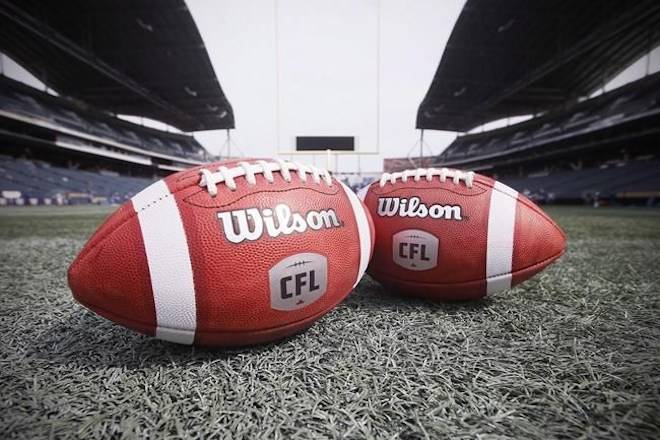 CFL balls are photographed at the Winnipeg Blue Bombers stadium in Winnipeg Thursday, May 24, 2018. THE CANADIAN PRESS/John Woods