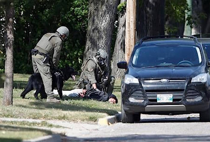 The RCMP emergency response unit arrests an alleged suspect in Neepawa, Man., on Thursday, August 30, 2018, following the shooting of a RCMP officer in Onanole, Man. THE CANADIAN PRESS/John Woods