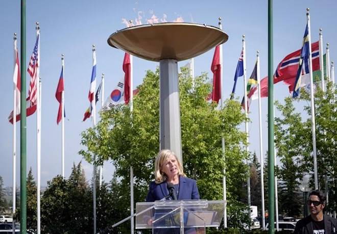 Mary Moran speaks during a press conference after being named the new Calgary 2026 Olympic bid committee CEO in Calgary, Alta., on July 31, 2018 THE CANADIAN PRESS/Jeff McIntosh